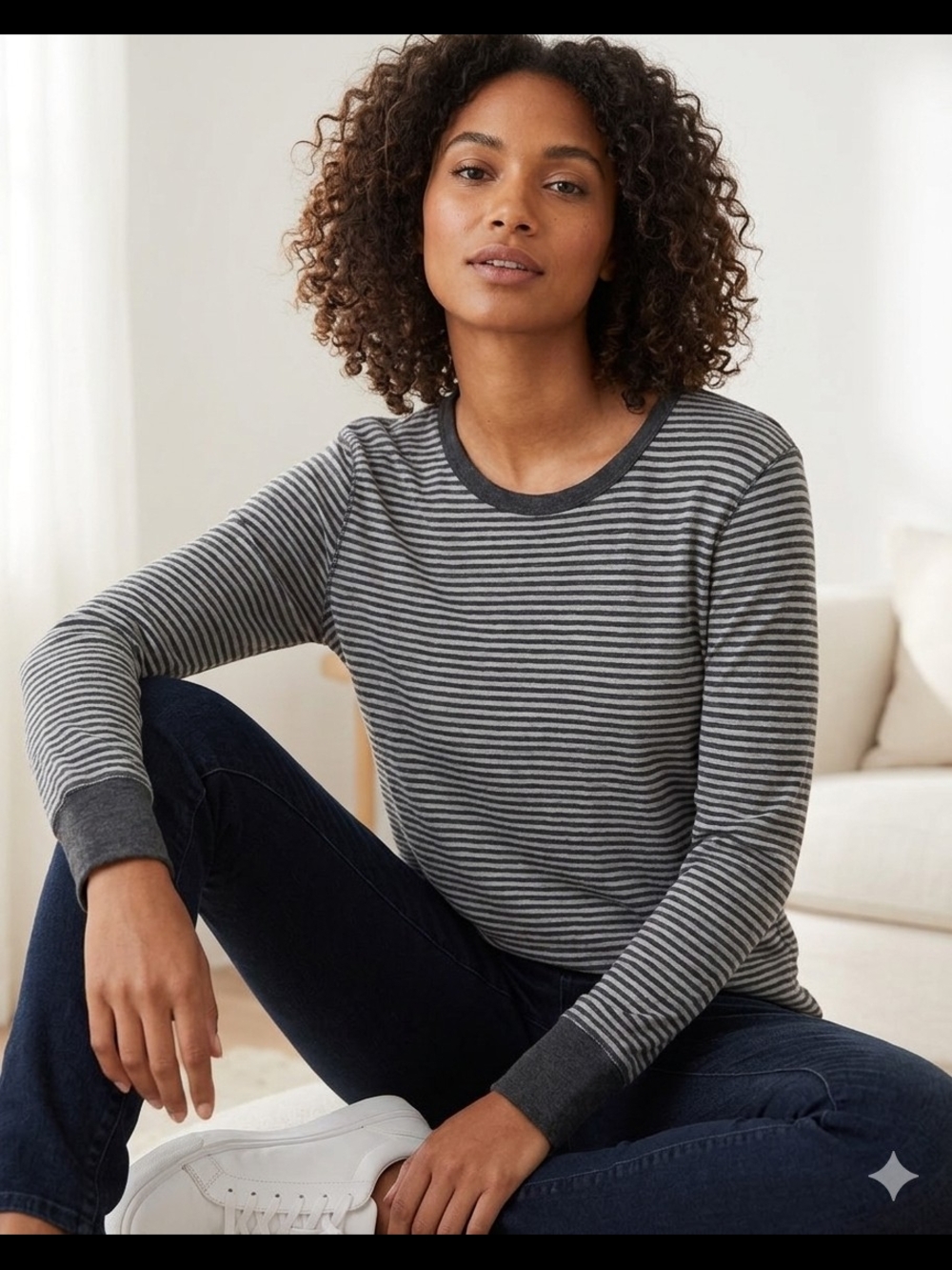 ​GAP Grey & Charcoal Striped Long Sleeve Cotton Modal Crewneck Tee - Size L